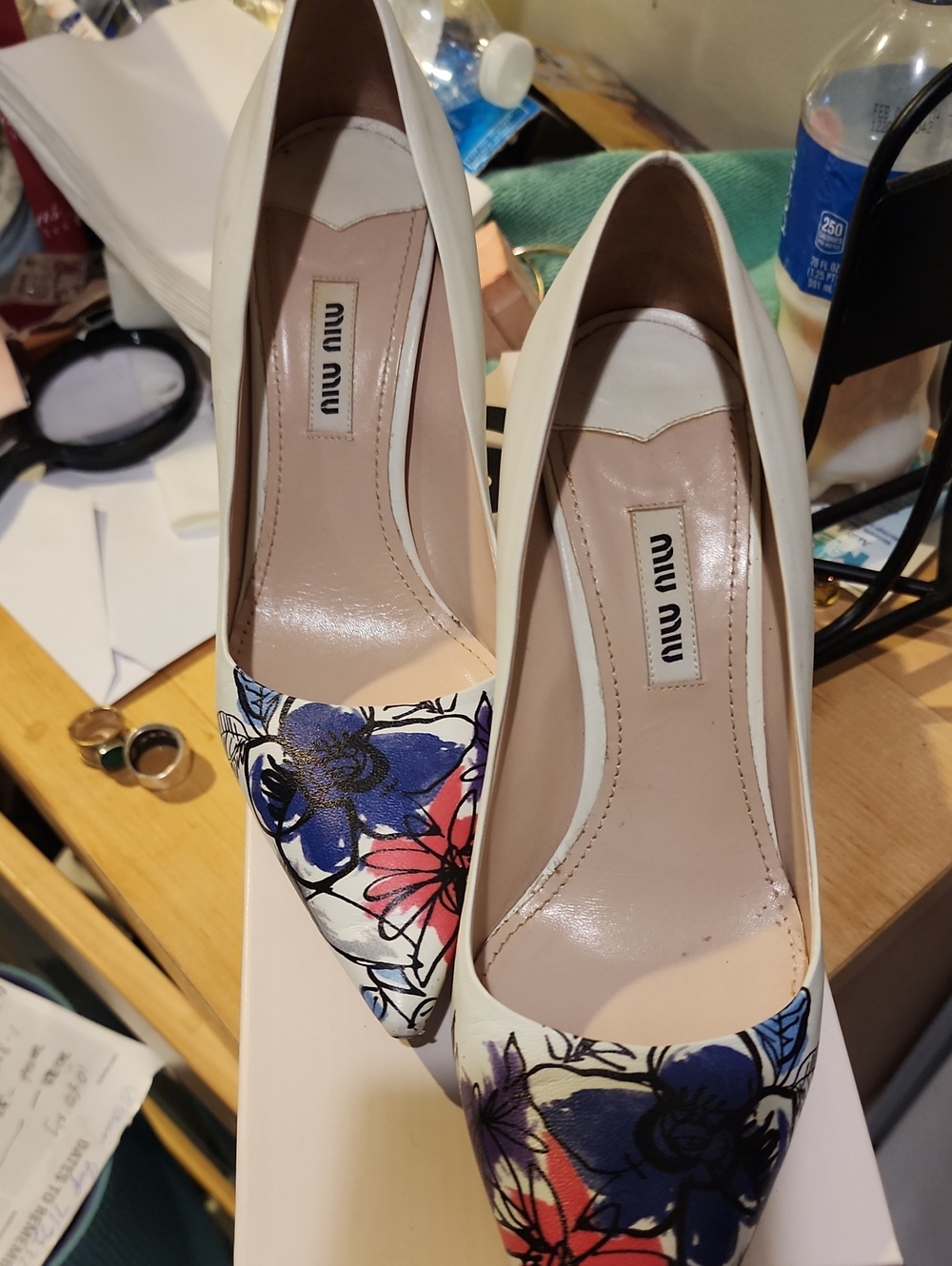 Miu Miu White Pointed Floral Pumps with Blue and Pink Accents